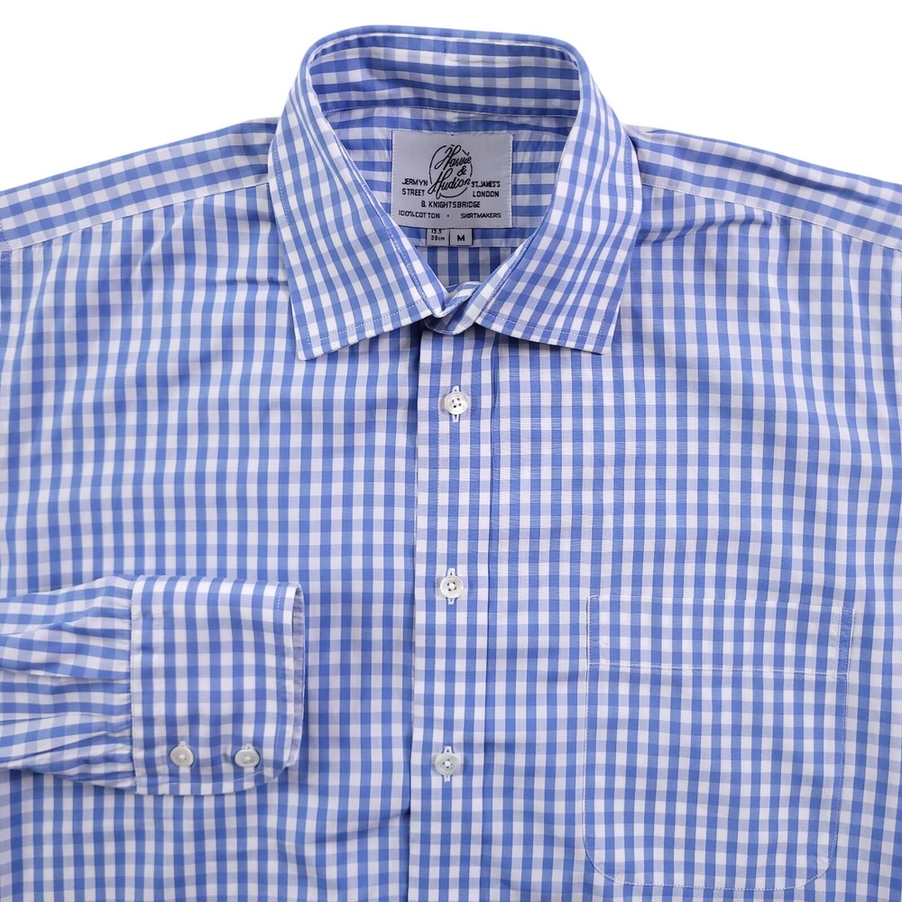 Harvie Hudson Dress Shirt Mens 15.5 33 Blue White Gingham Check Relaxed Fit 39cm